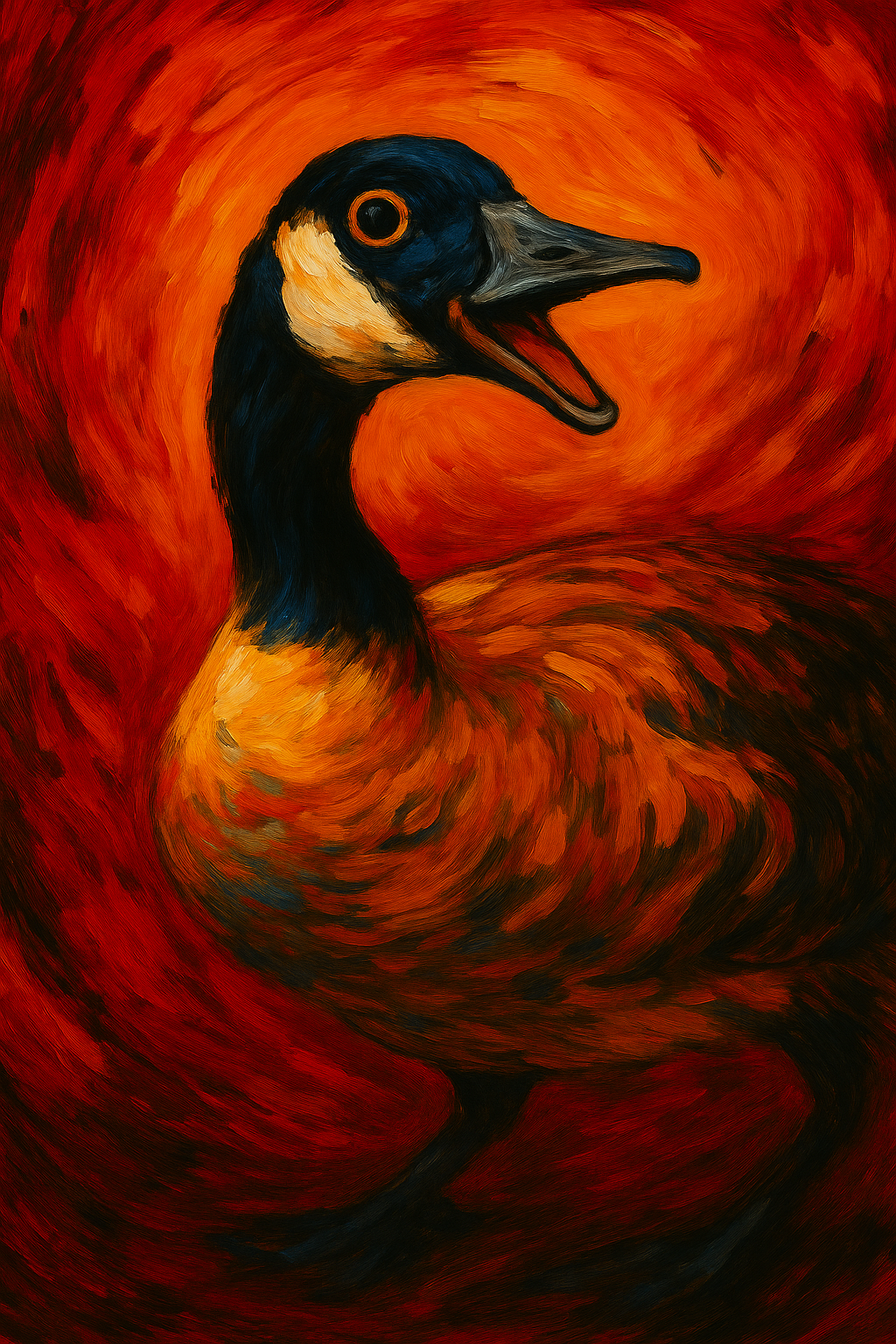 An expressionist 
                        AI-generated image of a happy Canadian goose set against a vivid red background filled with bold,
                        energetic, highly textured brushstrokes. The goose's joyful expression emerges from 
                        swirling reds, oranges, and dark tones, creating a sense of motion and emotional warmth