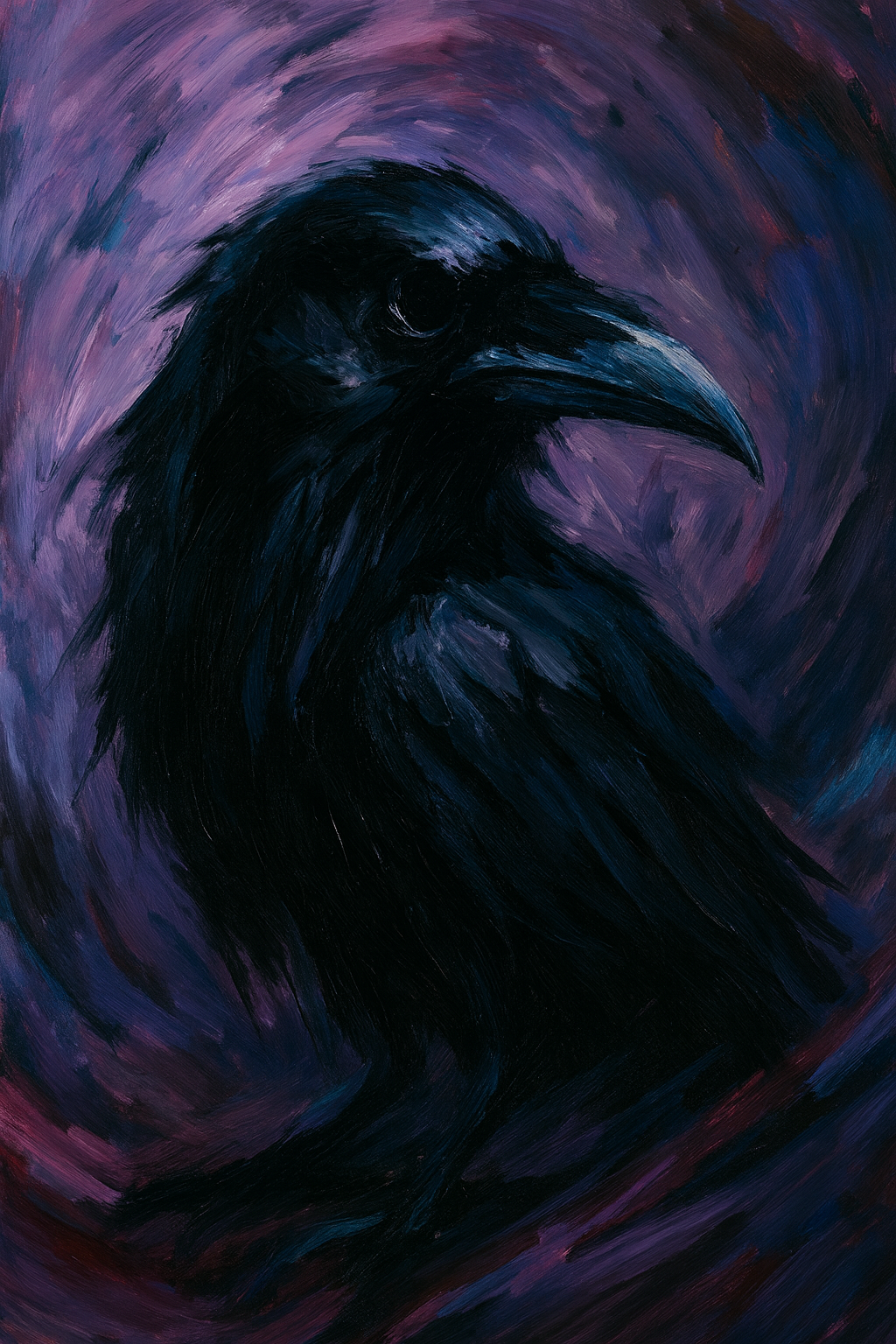 The AI-generated image shows a 
                        dark, shadowy crow rendered in thick, expressive brushstrokes, its form emerging from deep 
                        purples and blues that swirl around it. The bird's silhouette is dramatic and moody, 
                        with its beak and feathers subtly highlighted against the storm-like, textured background.