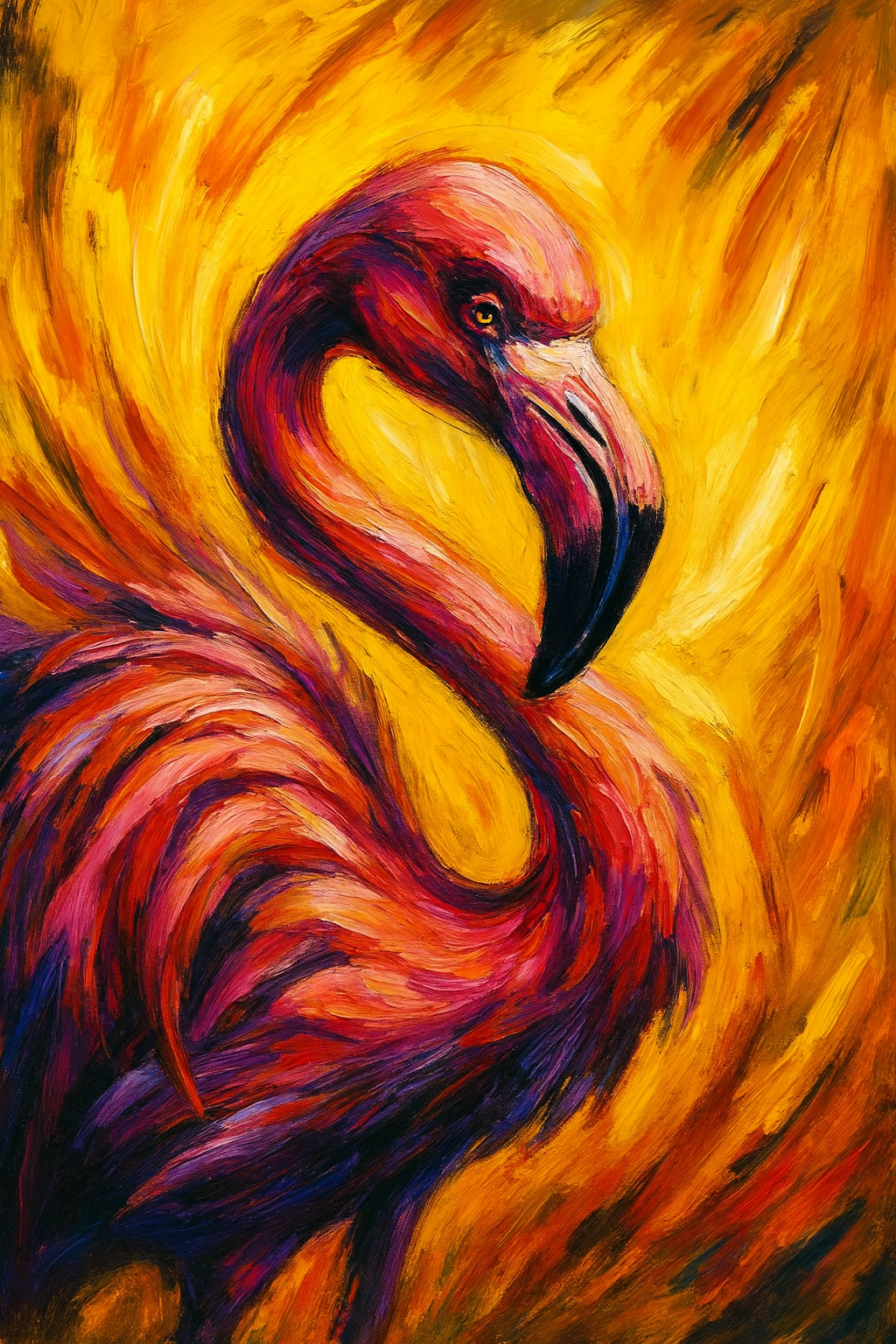 An expressionist AI-generated 
                        image of a confident flamingo standing against a fiery yellow background with bold, sweeping, 
                        highly visible brushstrokes. The flamingo's vibrant pinks and reds blend into the swirling 
                        yellow strokes, emphasizing themes of self-expression, confidence, and radiant energy