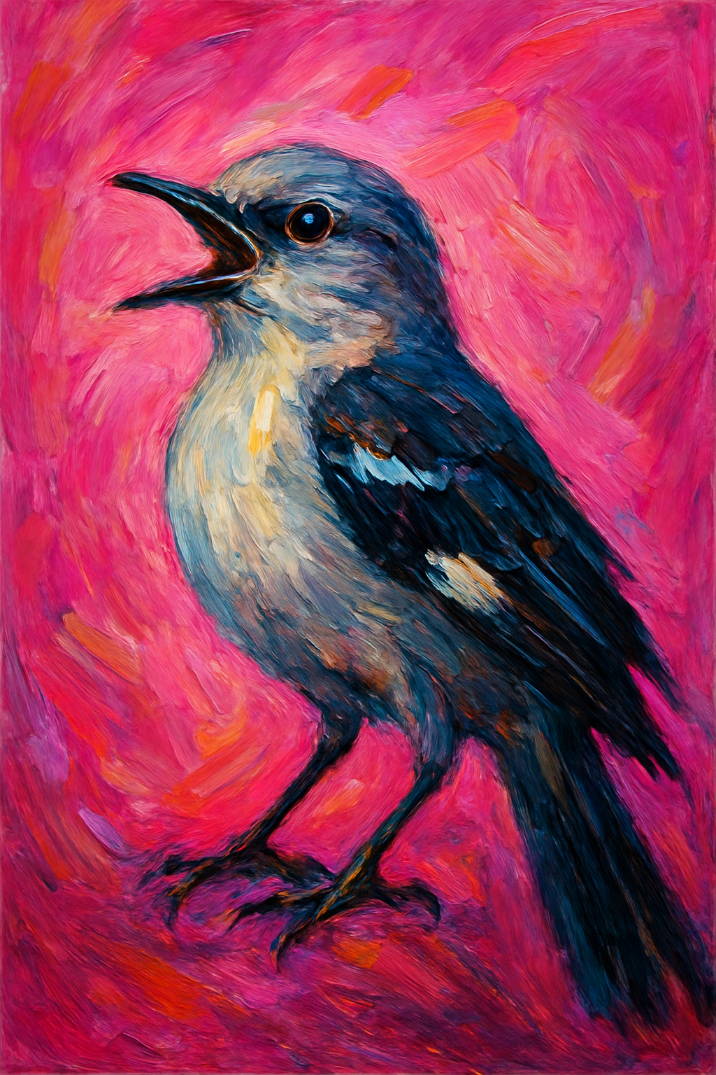 An expressionist 
                        AI-generated image of a mockingbird set against a vivid pink background with extremely bold, 
                        swirling brushstrokes. The bird's feathers blend into the energetic strokes around it, 
                        highlighting themes of freedom, innocence, individuality, and the mockingbird's unique 
                        ability to imitate