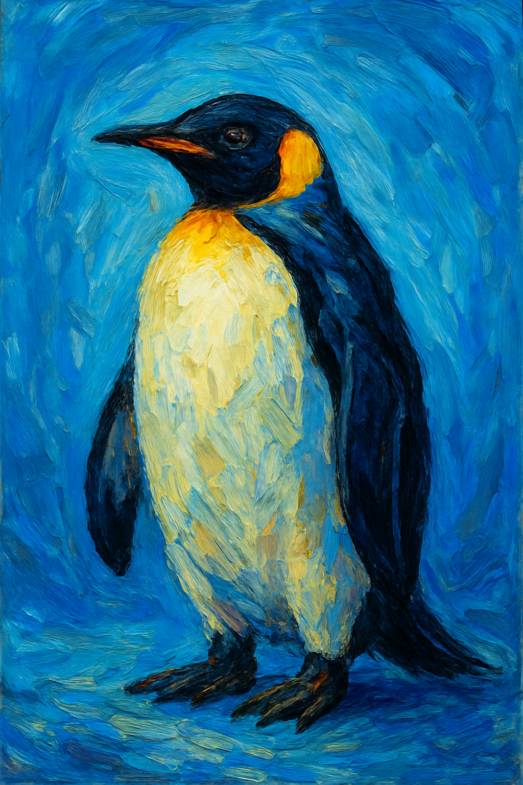 An expressionist AI-generated 
                        image of a penguin standing against a deep-blue background filled with bold, textured brushstrokes 
                        in both light and dark blue. The strong, sweeping strokes and vivid contrasts emphasize the 
                        penguin's symbolism of faith, loyalty, fidelity, and devotion