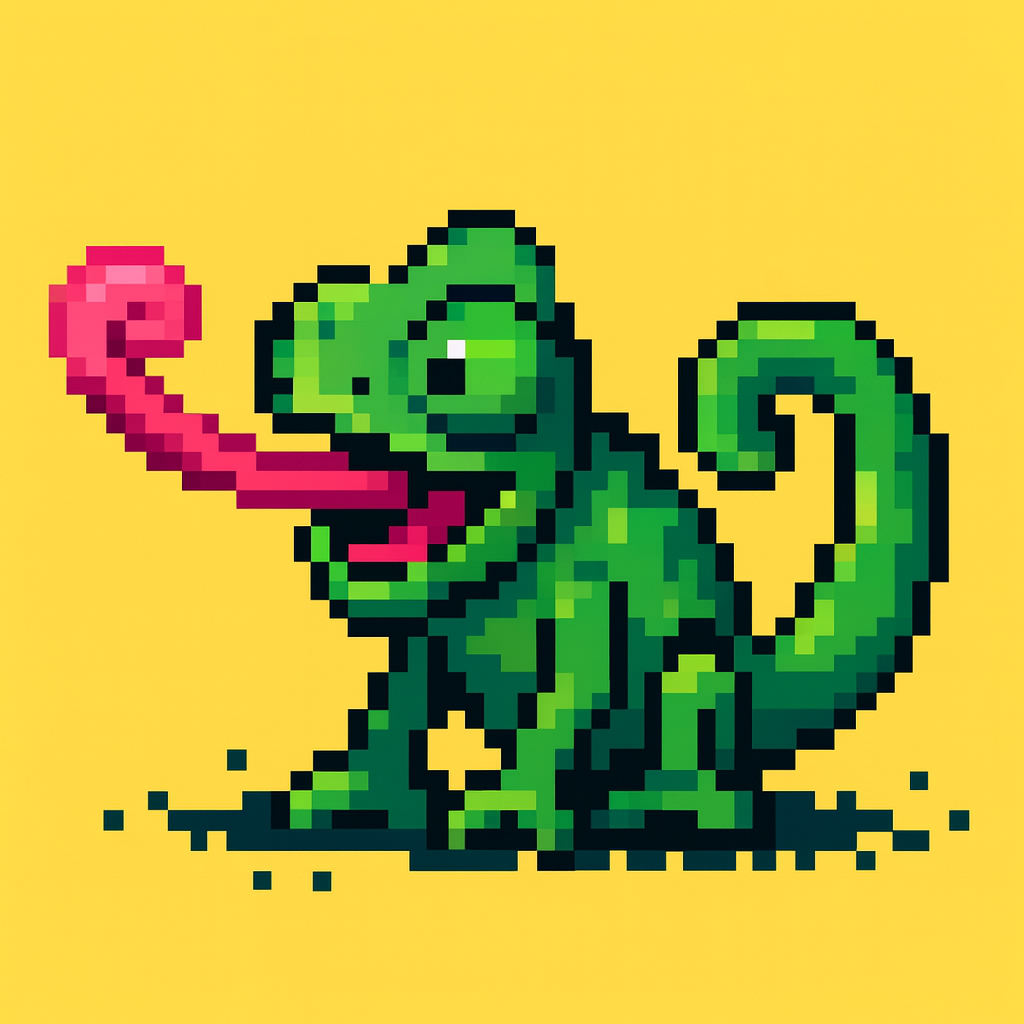 A playful green pixel-art chameleon sits 
                        on a yellow background with its long pink tongue stretched outward. Its curled tail and 
                        bright, blocky shading give it a lively, cartoon-like appearance.