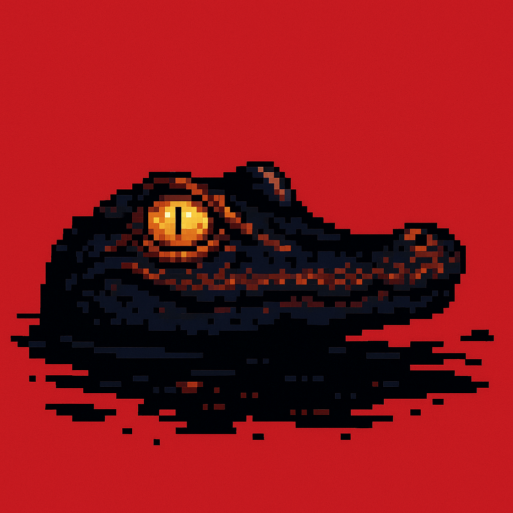 Pixel art of a crocodile's head emerging 
                        from dark water, shown against a solid red background. Its bright yellow eye glows 
                        intensely, drawing attention to the animal's strong night vision. The crocodile's body is 
                        rendered in deep shadowed tones, creating a dramatic contrast with the vivid backdrop.