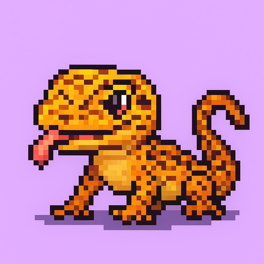 A pixel-art leopard gecko stands on a 
                        light purple background with its long pink tongue sticking out. The gecko's orange and 
                        yellow patterned body is rendered in blocky 8-bit shading, and its curved tail adds a 
                        playful shape. A simple shadow beneath it grounds the character, giving it a retro video-game 
                        look.