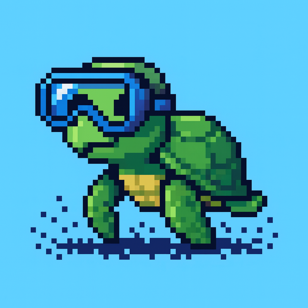A green pixel-art sea turtle stands 
                        on a light blue background that acts like water while wearing shiny blue swimming goggles. 
                        Its blocky shading, detailed shell, and scattered pixel shadows give it a 
                        playful, cartoon-like appearance.