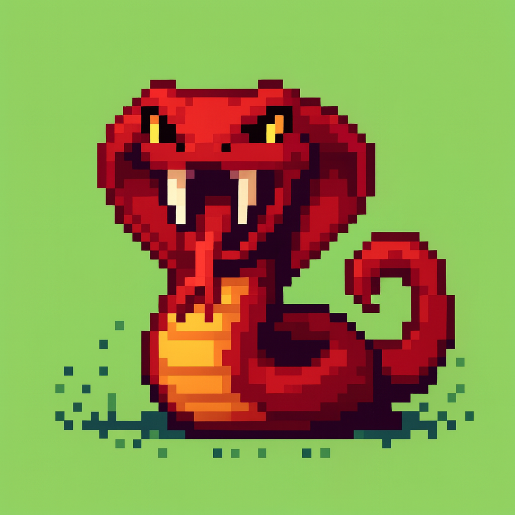 A red pixel-art viper sits coiled on a light 
                        green background with its hood flared and sharp white fangs bared. Its blocky shading, curled 
                        tail, and scattered ground pixels give it a bold, retro video-game style.