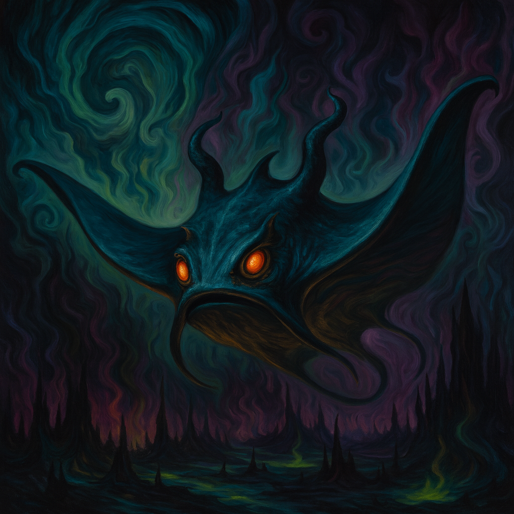 A dark, horned devil ray with 
                        glowing orange eyes floats in a surreal underworld. The background swirls with deep green 
                        and purple hues, rising like smoke above jagged spires in a dreamlike hellscape
