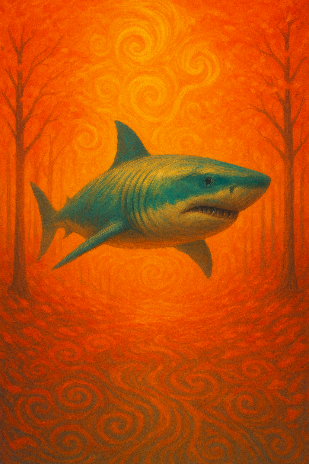 A surreal painting of a 
                        great white shark floating through a forest of autumn trees. The trees are distorted and 
                        swirling, with vibrant shades of red, orange, and yellow blending together. The scene combines 
                        an underwater creature with a warm, dreamlike fall landscape, creating a fantastical, surreal 
                        atmosphere.