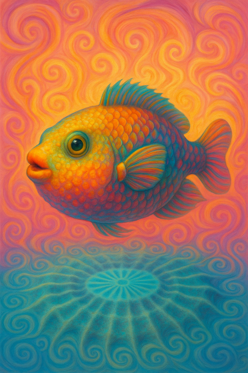 Surrealist artwork of a brightly 
                        colored pufferfish floating above an elaborate sand pattern that resembles the circular 
                        “pufferfish sand art” seen in nature. The background is filled with swirling pink, orange, 
                        and warm-toned shapes that curl and twist like painted clouds. The fish's vivid scales and 
                        exaggerated colors, combined with the dreamlike spirals below, create an otherworldly, 
                        whimsical atmosphere.