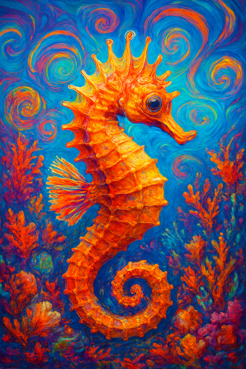 A bright orange seahorse floats in a 
                        vivid, swirling underwater scene painted with thick, textured strokes. Bold blue and orange spirals 
                        fill the background while vibrant coral fans frame the seahorse, giving the image a dynamic sense 
                        of motion