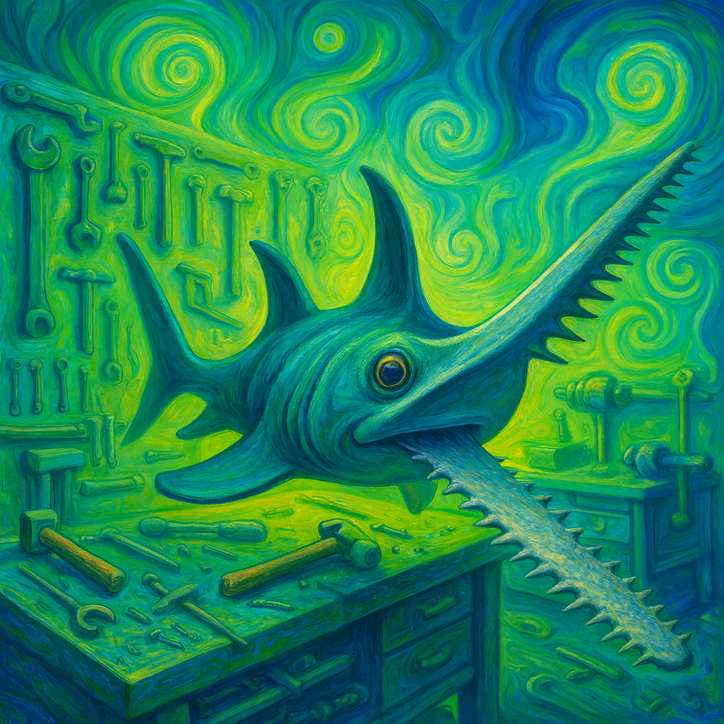 A surreal smalltooth sawfish 
                        floats through a brightly colored workshop filled with tools and swirling cool-toned patterns. 
                        Bright greens and blues dominate the scene as spiral shapes twist across the walls, creating a 
                        dreamlike, otherworldly atmosphere.